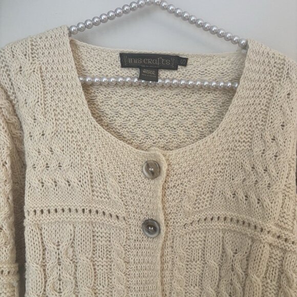 Inis Crafts Womens Size S Wool Cardigan Sweater Cable Knit Button Front Cream - Picture 2 of 4